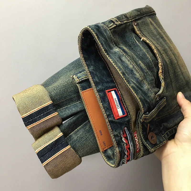 

Street fashion heavyweight retro jeans men's trend distressed washed denim slim fit small leg pants