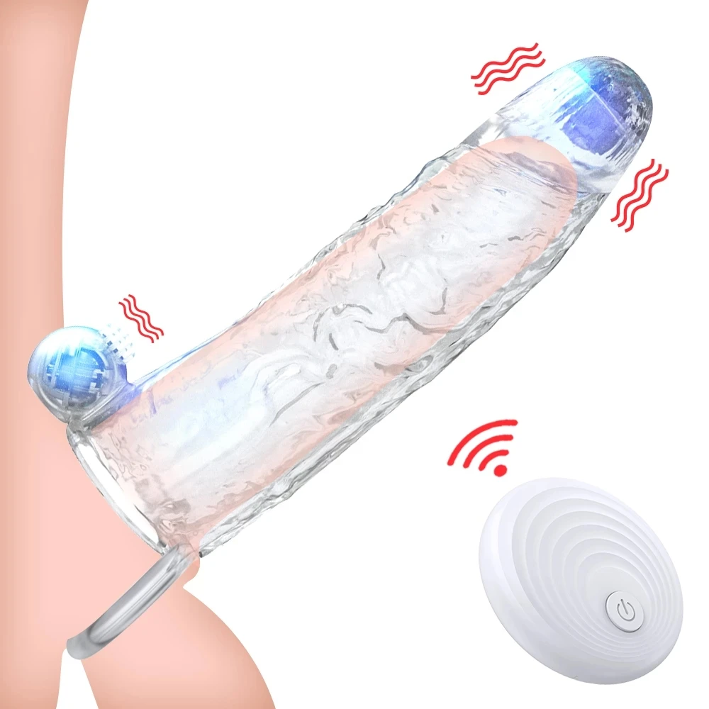 Vibrating Remote Control Penis Extension Sleeve Enlargement Reusable Dick Cover Extender Men Cock Male Time Delay Header Sex Toy