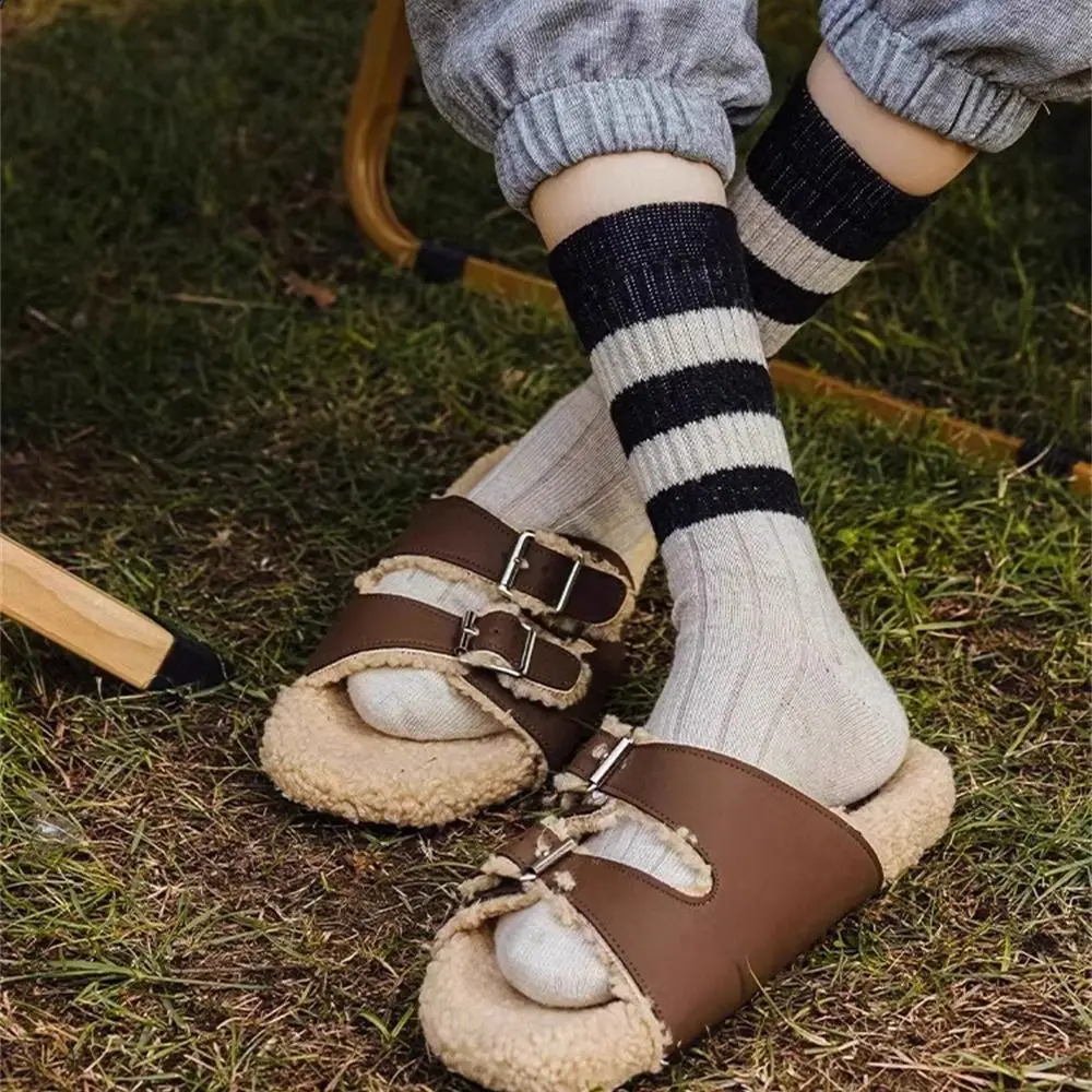 심플한 단색 중간 길이 양말, 부드러운 통기성 다용도 양말, 편안하고 따뜻한 줄무늬 양말, 용수철 가을