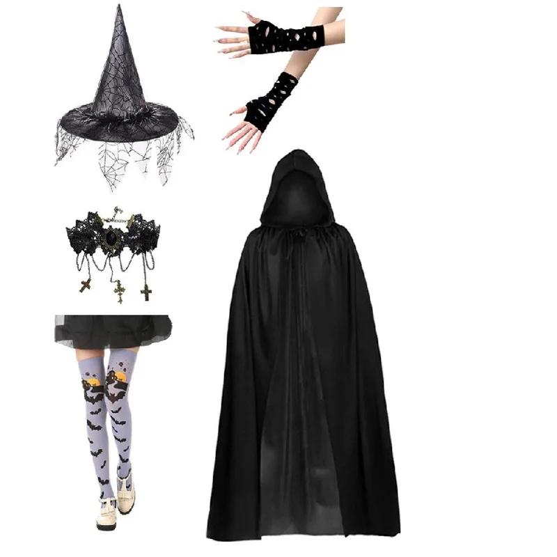 

Mysterious Halloween witch costume cape + witch hat + socks and other costume accessories are suitable for party dressing