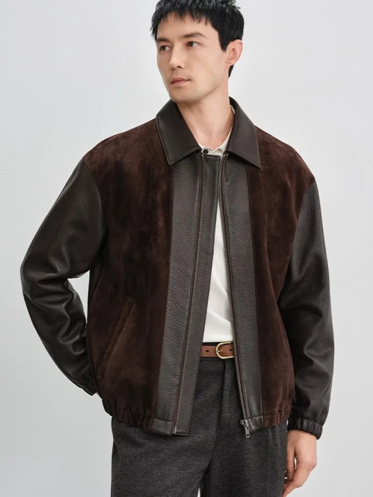 Vintage Mens Genuine Leather Jacket Long Sleeve Autumn Spliced Goatskin Business Casual High Quality Outerwear Men Designer Coat