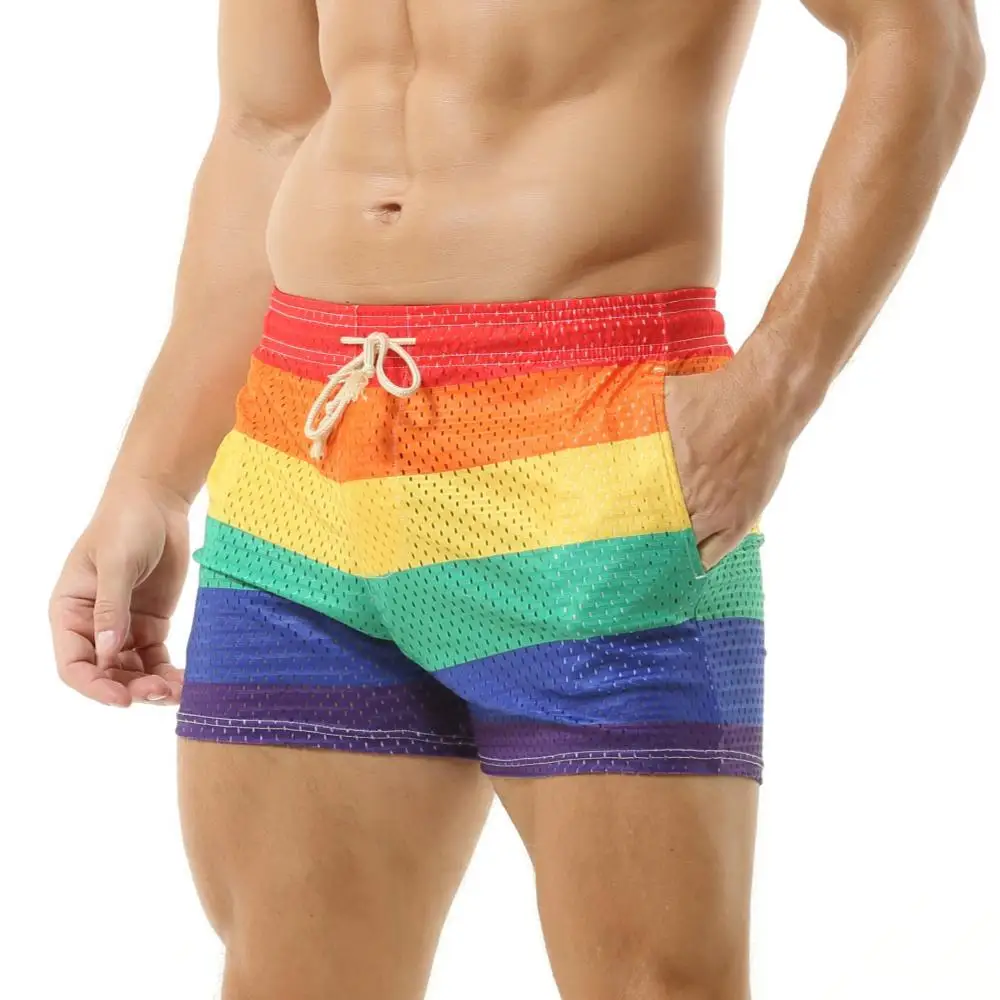 Men\'s Shorts Rainbow Stripe Fashion Casual Shorts Mesh Breathable Drawstring Sports Shorts Gym Men Boxer Shorts Bottoms Pocket