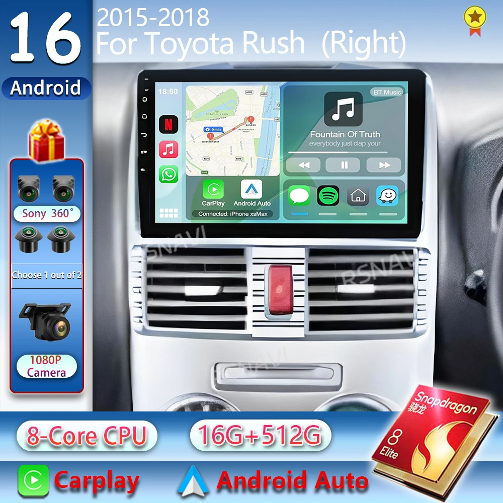 Android 16 Carplay Auto For Toyota Rush 2015 - 2018 Right hand drive Car Radio Navigation Wireless Player Video 2K Screen Stereo