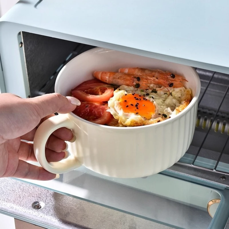 

Ceramic Covered Large Capacity Dormitory Student Instant Noodle Bowl with Handle Can Be Microwave Heated