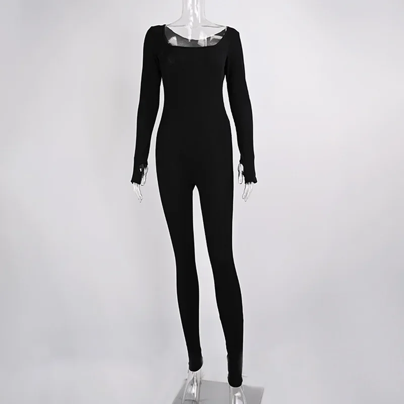 Damski kombinezon Skinny Jednokolorowy prążkowany dzianinowy kombinezon z długim rękawem i kwadratowym dekoltem Bodycon Romper Work Out Sport Yoga Playsuits — zdjęcie 4