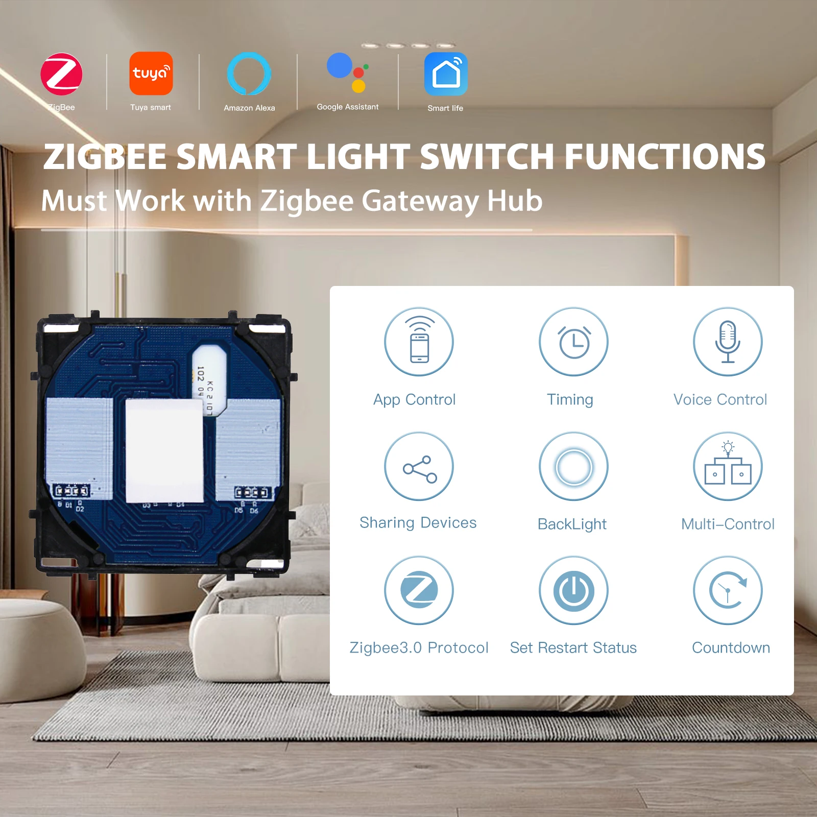 BSEED Zigbee Alexa Switch Accessorie Parts Smart Wall Switch Touch Sensor Function Key Neutral Required Support Tuya Google Home