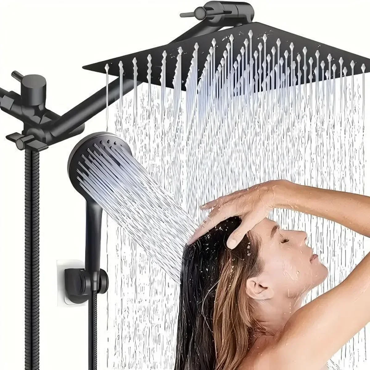 10 Inch High Pressure Rainfall Shower Head/Handheld Combo with 11 Inch Extension Arm, 5 Settings Adjustable Anti-leak With