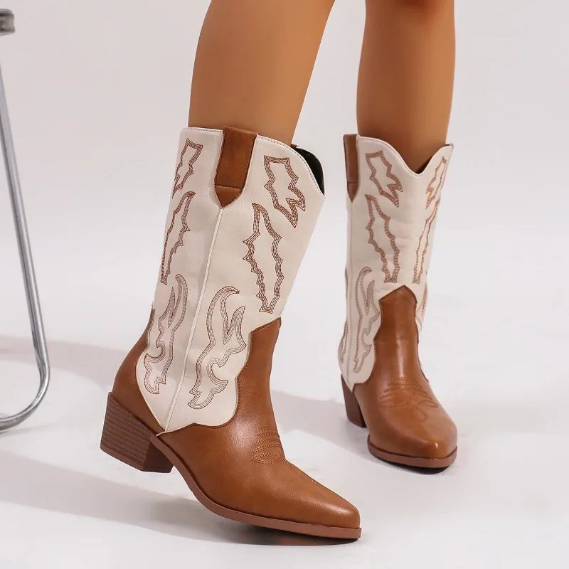 2025 New Winter White Mid Boots Vintage Brown Women's Autumn Fashion Pointed Toe Embroidered Mid Heel Slip Wear