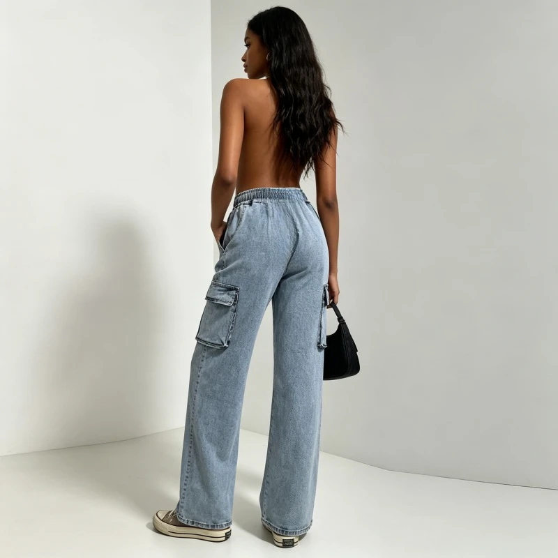 Cargo Pants Denim Pant Women Jeans Elastic Waist Lace Up Traight Trousers Loose High Street Work Casual Washed Pockets summer