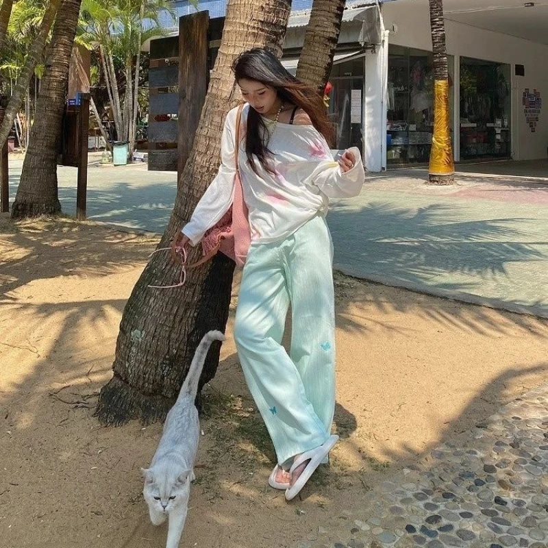 

Korean style pure mint green summer embroidery straight tube versatile casual pants women 2025 new floor length pants