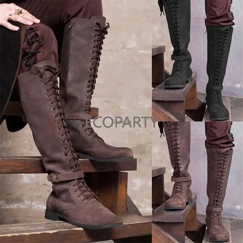 Stivali Steampunk medievali uomo donna Viking Pirate Cosplay tubo alto allacciatura tacco basso scarpe artificiali in pu Costume da festa di