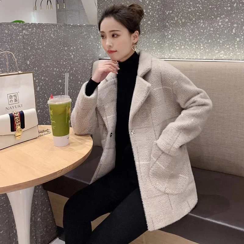 Mink Fur Jackets Women 2024Autumn Winter New Woolen Coat Long Thicken Outwear Imitation Dold Mink Jacket High Quality Female Top