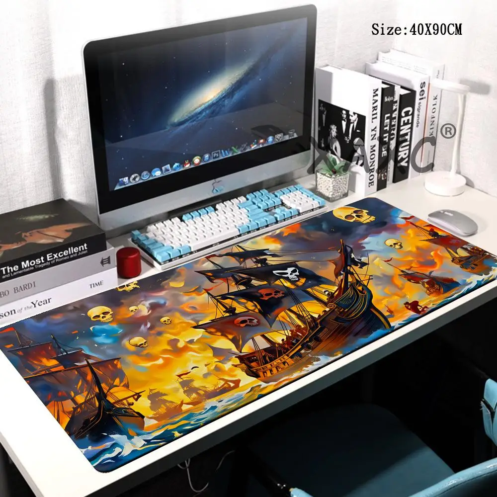 

HYBXAXC A large pirate ship-designed mouse pad with an anti-slip polyester base and a rectangular table mat with wrist support