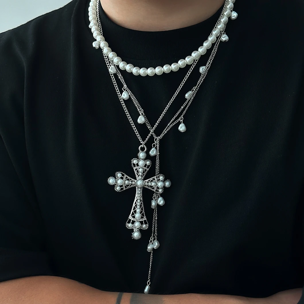 

Lacteo 3Pcs/Set Creative Men Big Imitation Pearl Cross Jesus Pendant Choker Necklace Goth Tassel Chain Religious Male Jewelry