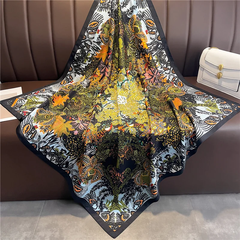 2024 Luxury Brand Flower Printed Silk Scarf For Women Large Square Scarves Twill Travel Sun Protection Warm Neck Shawl 90cm