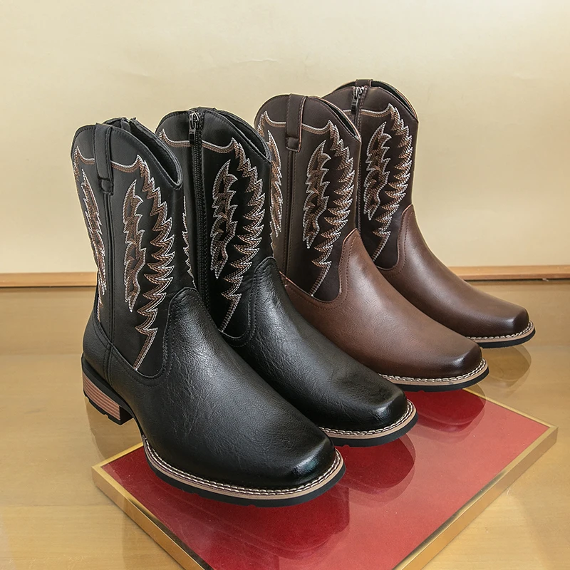 

Men's Mid-calf Western Cowboy Motorcycle Boots Men's Autumn Outdoor PU Leather Totem Medical Calf Boots Retro Design Men's Shoes