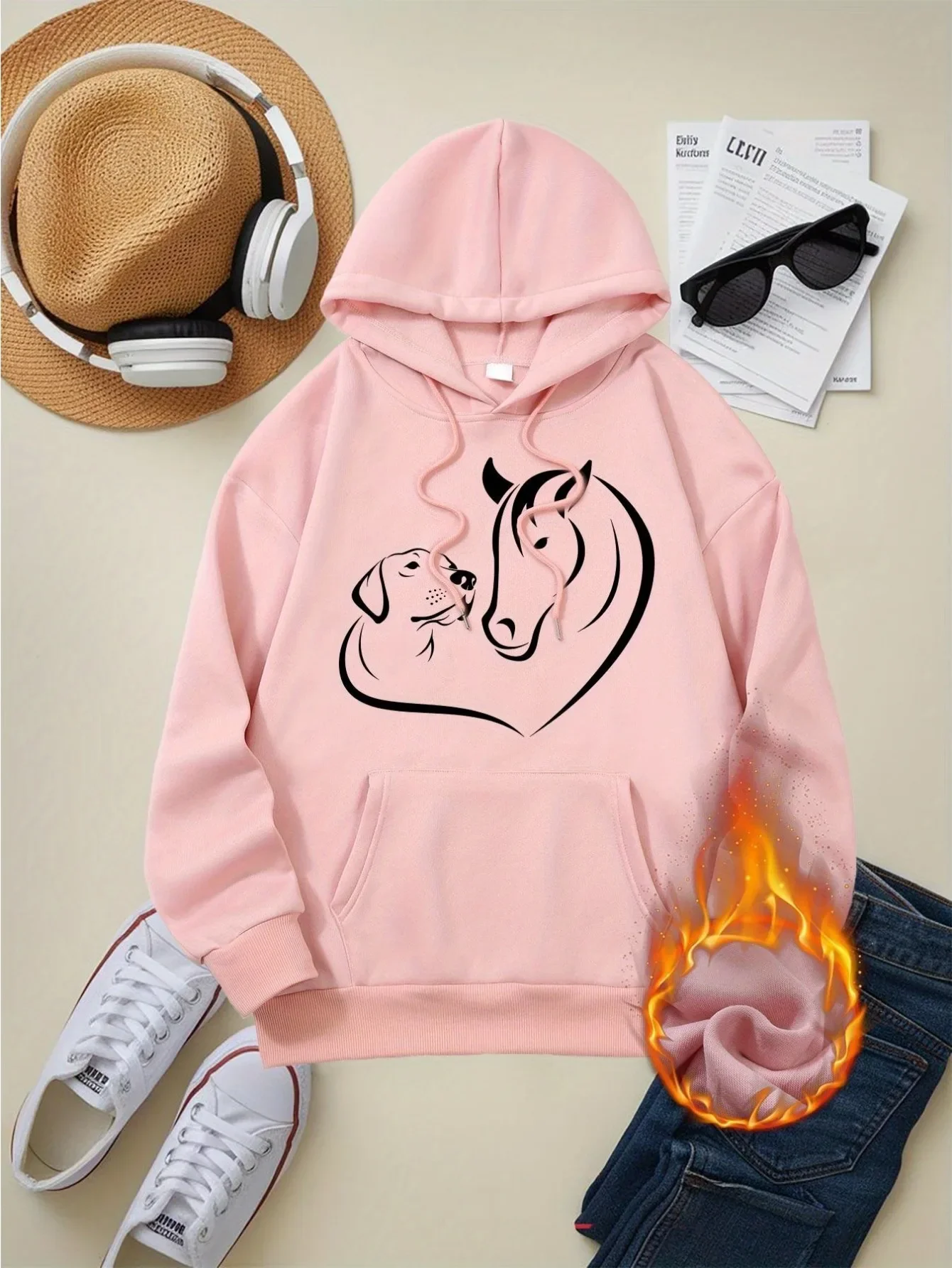 ผู้หญิงลําลองHoodieสุนัขม้าหัวใจพิมพ์Breathable Pulloverพร้อมกระเป๋าความคิดสร้างสรรค์สไตล์แขนยาวNovelty New In