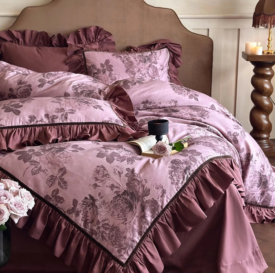 Vintage french flower bedding set,full queen king fairyfair retro ruffled cotton home textile bed skirt pillow case quilt cover