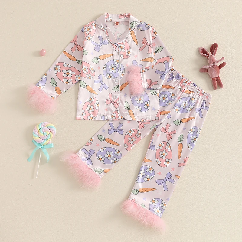 

Kids Plaid Print Pajama Sets Lapel Neck Button-up Tops Long Pant Fall Satin 2 Pieces Loungewear Set