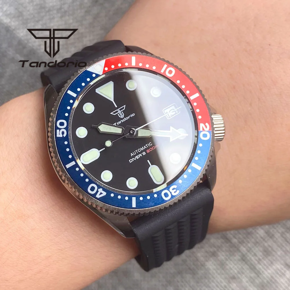 Tandorio-Reloj Automático NH35A para hombre, cronógrafo con corona de tornillo 3,8, esfera azul/negra, cristal de zafiro luminoso verde, correa de