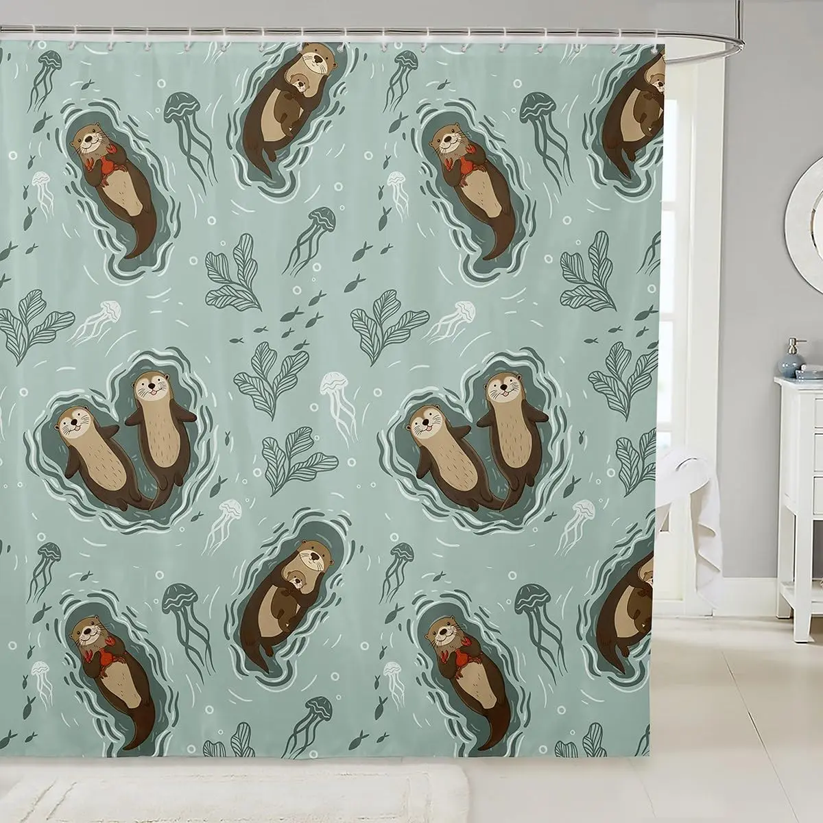 

Cartoon Otters Shower Curtain Seaweed Jellyfish Sea Animals Ocean Lake Girly Kawaii Teal Bathroom Decor with Hooks