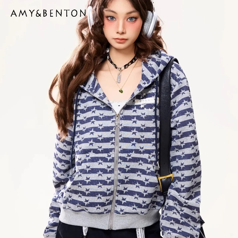 

American Retro Star-striped Women's Zip-up Top 2026 Spring Autumn New Casual Loose Versatile Hooded Sweatshirt Jacket Ladies