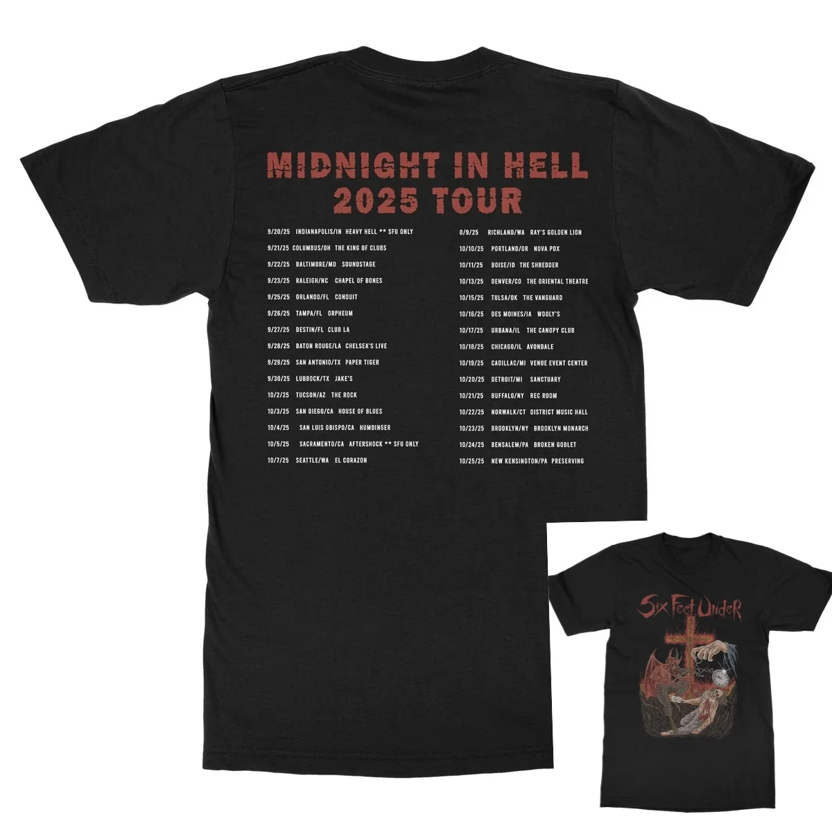 Six Feet Under Haunted Album Graphic Print T‑Shirt, Features Fiery Orange Band Logo Screaming Spiky‑edged Skull Graphic