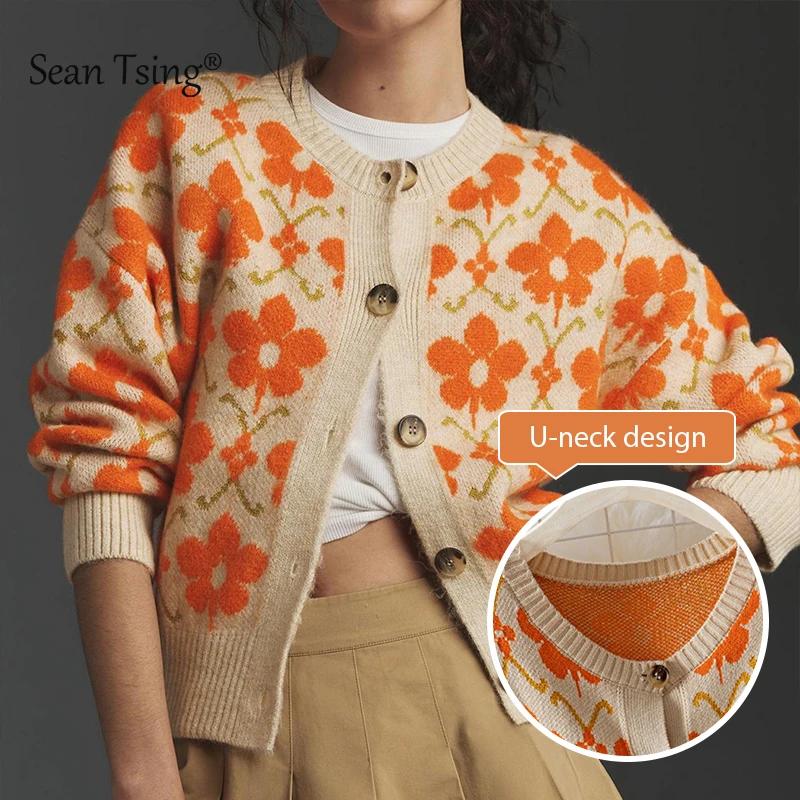 

Осенне-зимний жаккардовый женский вязаный кардиган с цветочным принтом, элегантный кардиган с длинными рукавами, куртка, мягкий вязаный женский свитер с открытой строчкой