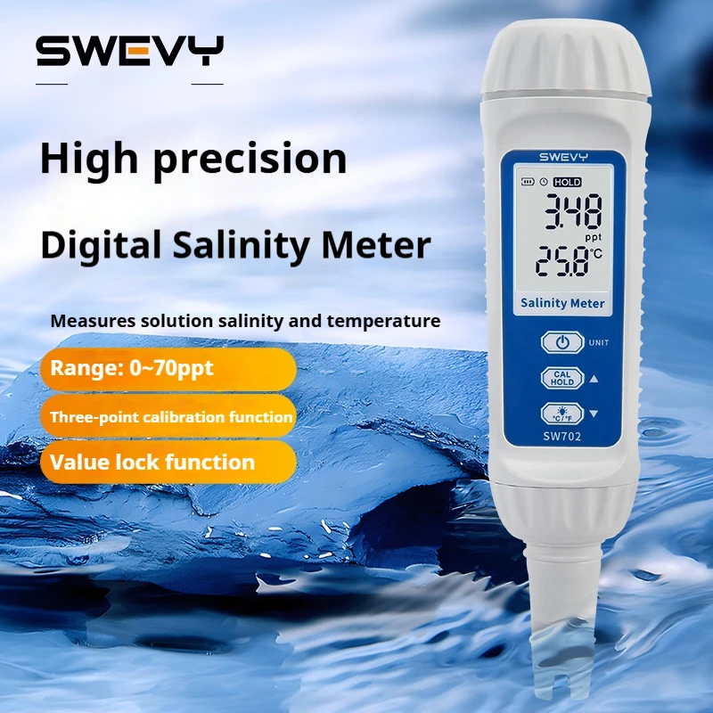 SWEVY SW702 0-70ppt 0-60℃ Temperature and Salinity Dual Measurement Meter, LCD Food and Aquaculture Digital Salinity Meter