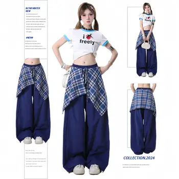 FeMereina Pantaloni da donna con stampa scozzese elastico in vita gamba larga pantaloni da salotto Y2k con stampa a quadretti con orlo a volant pantaloni larghi, Nero , M