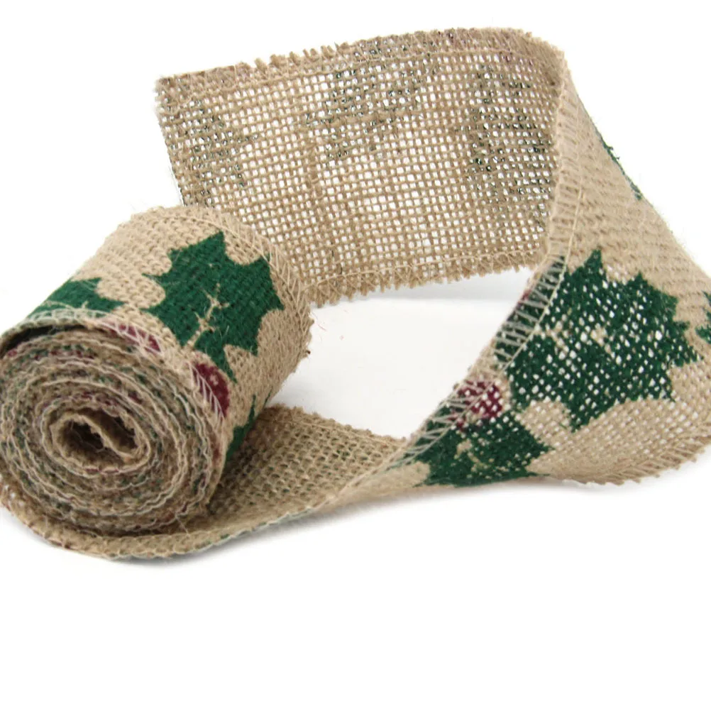 

2 Rolls Christmas Decor Linen Roll Festive Themed Pattern DIY Linen Strips for DIY Crafts Bowknots Gift Wrapping Wedding Party