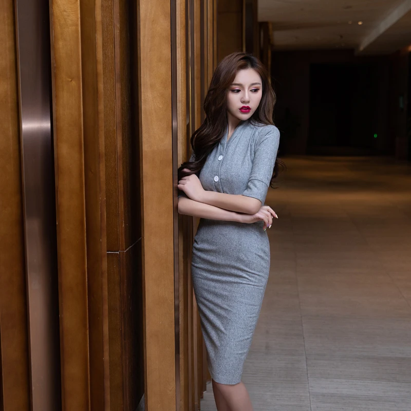 

Woolen Grey Vintage Dress Women Autumn Winter Elegant Retro Thin Slim Half Sleeve Knee Length OL Bodycon Sexy High Waist