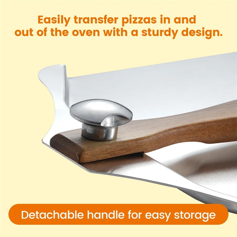 

A25F-Aluminum Pizza Peel Set(4 PCS), Metal Spatula(Foldable Wood Handle), Sauce Spoon& Pizza Rocker Cutter- For Baking Tools