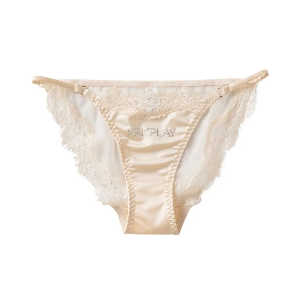 

Crystal Letter Satin Silk Panties Thin Belt Mid Waist Rhinestone Lace Briefs Seamless French Style Underpants for Women Lady