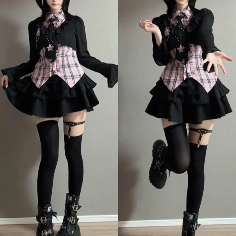 Japanese Harajuku Y2K Pink Black Plaid Ruffle Tiered Cake Skirt 3 Piece Set Women Bell Sleeve Outfit Summer Daily Party Wear