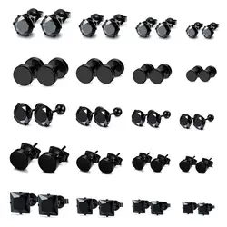 1 Pair Black Stainless Steel Round Square CZ Inlaid Stud Earrings Double-Sided Screw Back Ear Stud Jewelry for Men Women