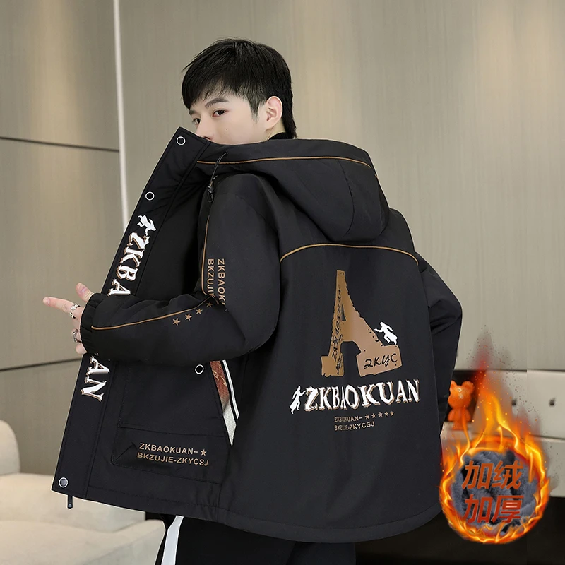 Fashion Windproof Warm Fleece Liner Hooded Jackets Autumn Winter Casual Plush Coats Youth Outwear Thicken Velvet Padded Clothing