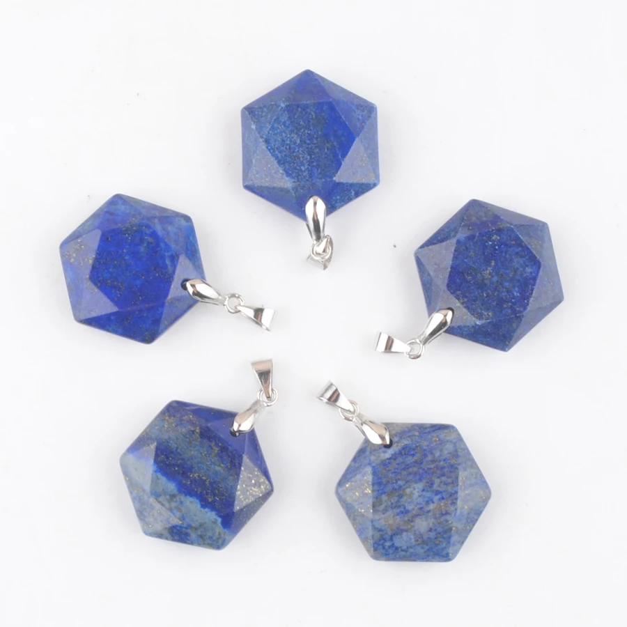 New Arrivals Lapis Lazuli Stone Pendants Faceted Polygon Shape Reiki Healing Chakra Charm Luck Jewelry 5Pcs AN4380