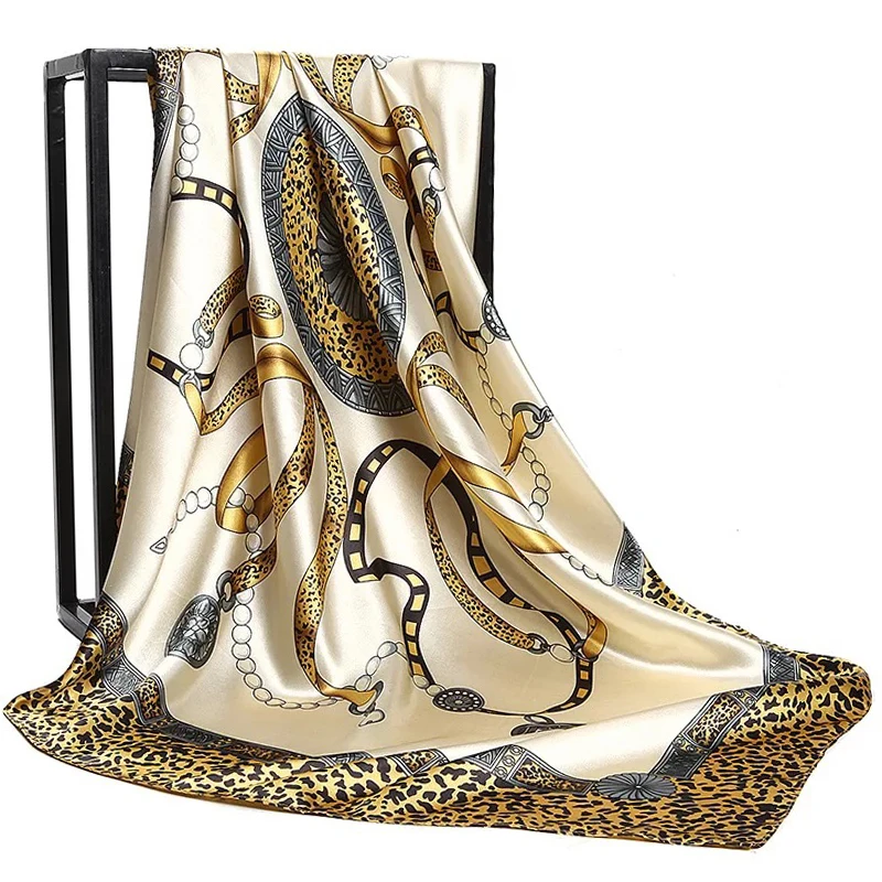 Luxury Brand Silk Scarf Fashion Foulard Satin Shawl Leopard 90*90cm Square Head Scarves Women Bandanna Pareo Headscarf