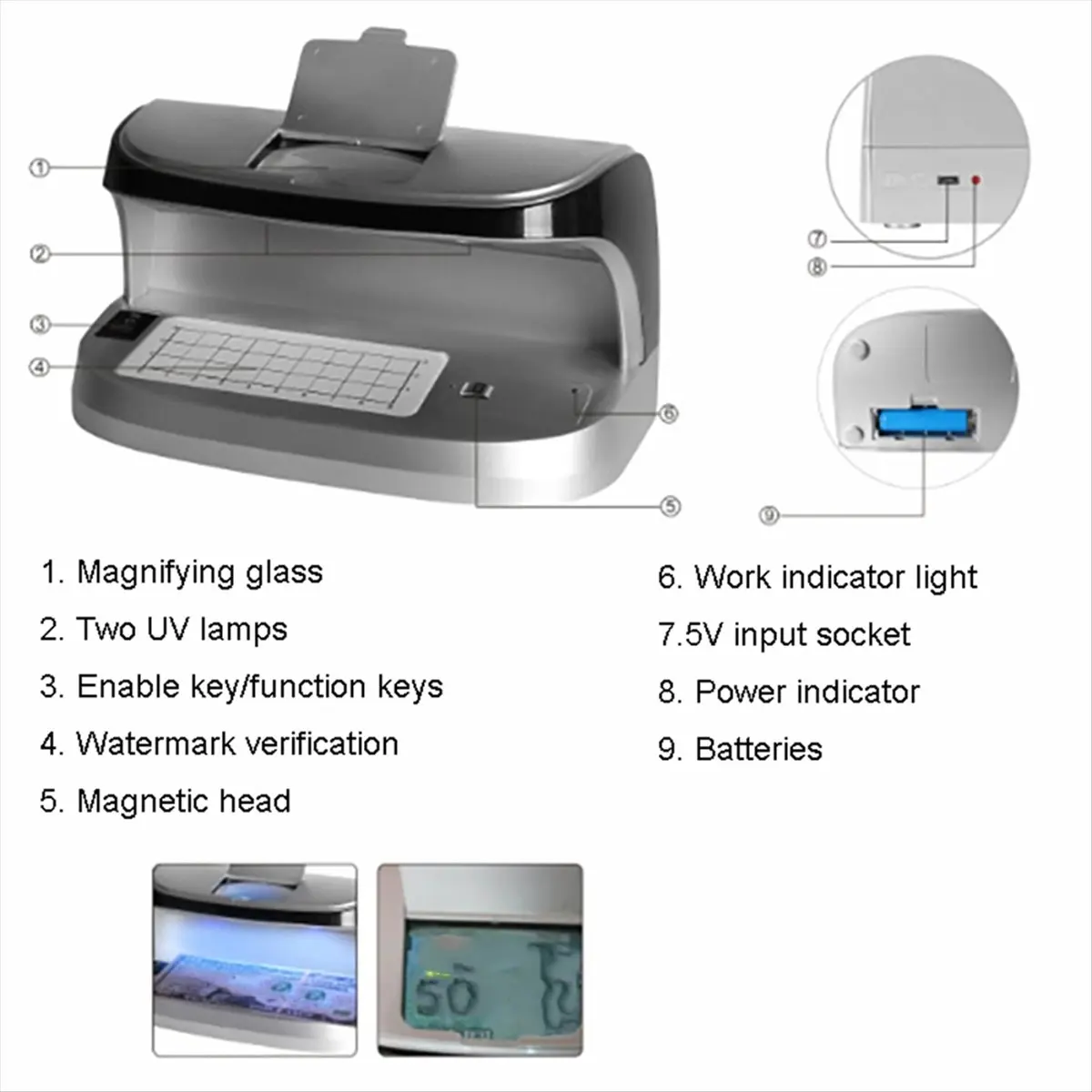

Стабильный светодиодный УФ-детектор банкнот Портативный детектор банкнот Машина для подсчета иностранных валют Встроенный аккумулятор
