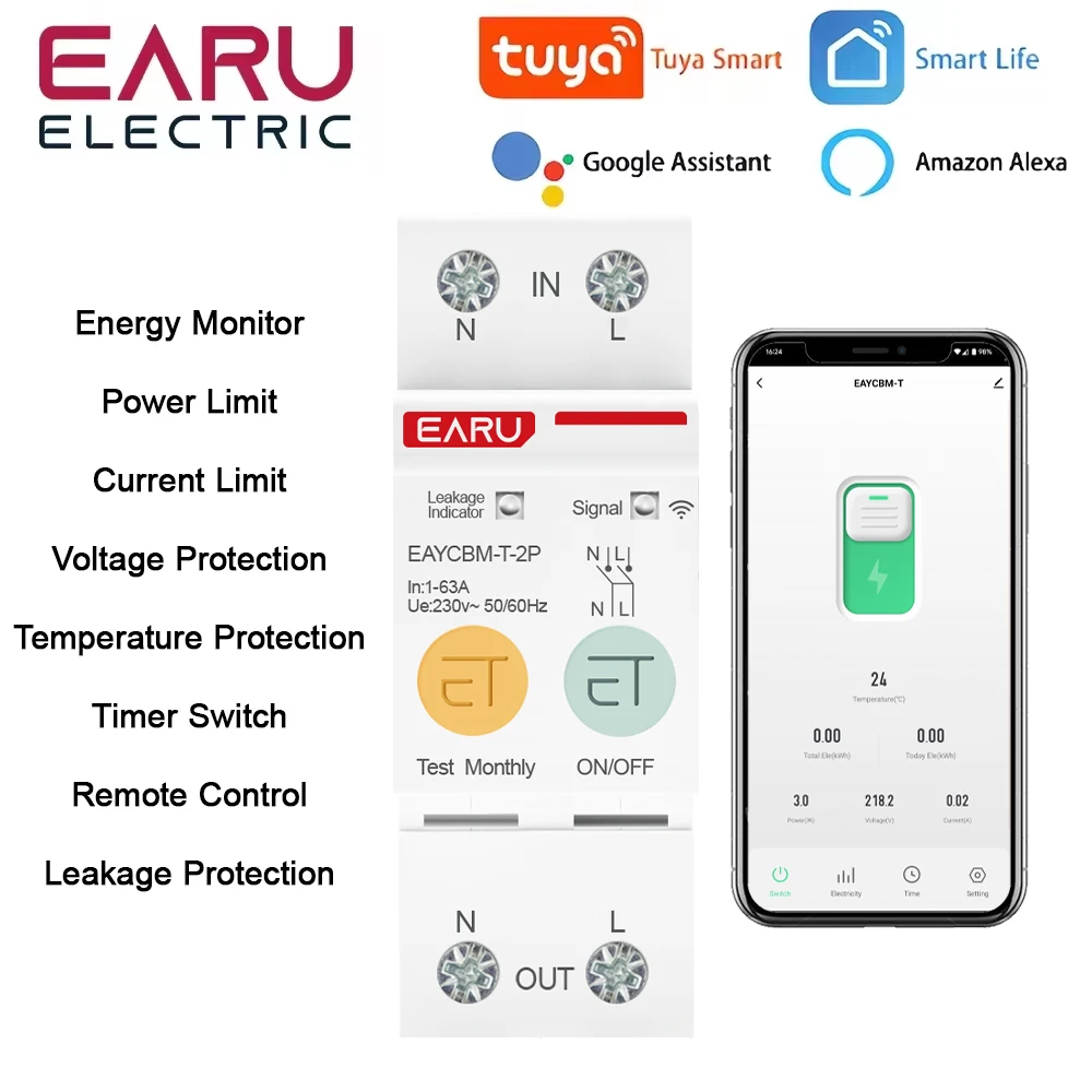 TUYA ZigBee WiFi Smart Circuit Breaker Energy Power Consumption Meter Time Relay Switch Adjustable Leakage Voltage Protection