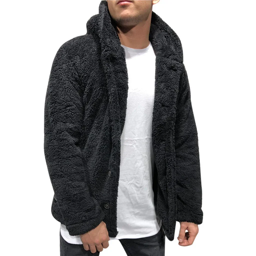 Abrigo con botones para hombre, piel sintética cálida, informal, holgado, de doble cara, con capucha de felpa, chaqueta de piel de lana esponjosa, sudaderas con capucha, abrigo, prendas de vestir exteriores