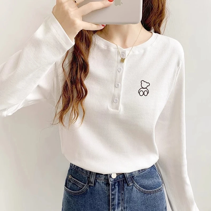 

Women's Pure Cotton round Ne Long Sve Base irt Button up Slim Fit T-irt Korean Sle Commute Faion Casual Wear