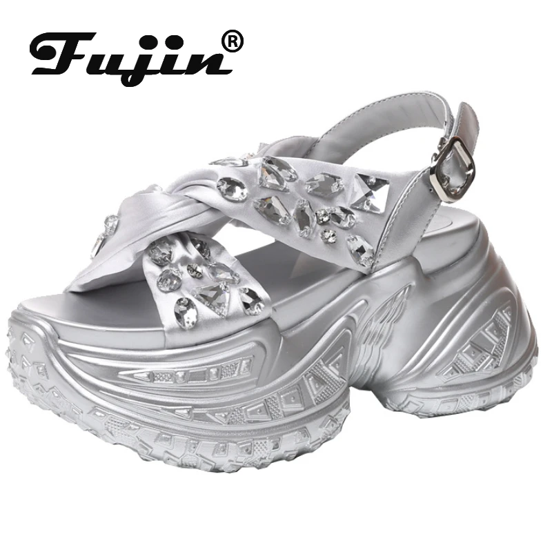 Fujin 8cm tkanina syntetyczna z mikrofibry damskie sandały na koturnie na platformie letnie Bling Casual buty z odkrytymi palcami Rhinestone kapcie