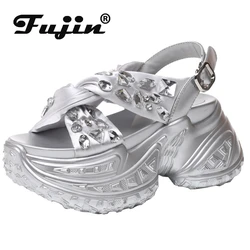 Fujin 8cm tkanina syntetyczna z mikrofibry damskie sandały na koturnie na platformie letnie Bling Casual buty z odkrytymi palcami Rhinestone kapcie Hollow