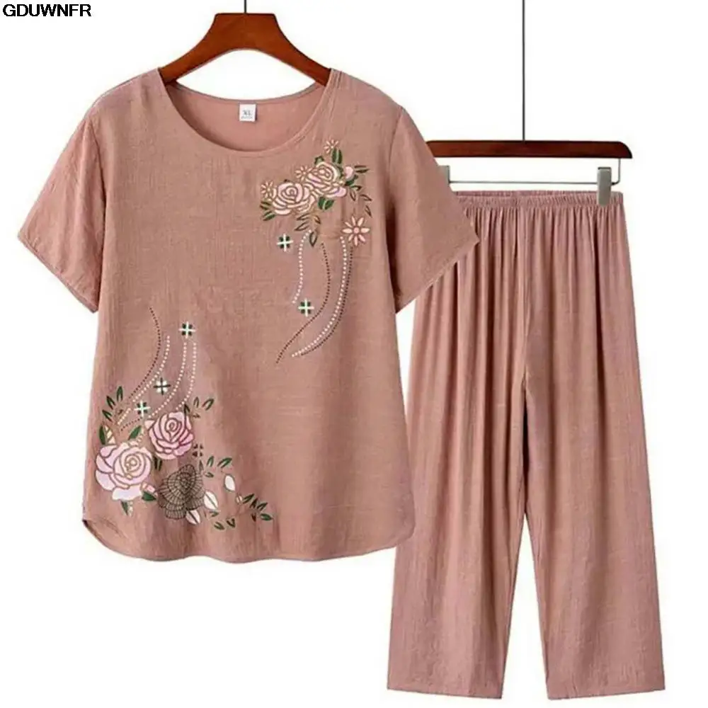 Middle-aged and elderly women's short-sleeved t-shirt mother suit loose large size cotton linen two-piece suit