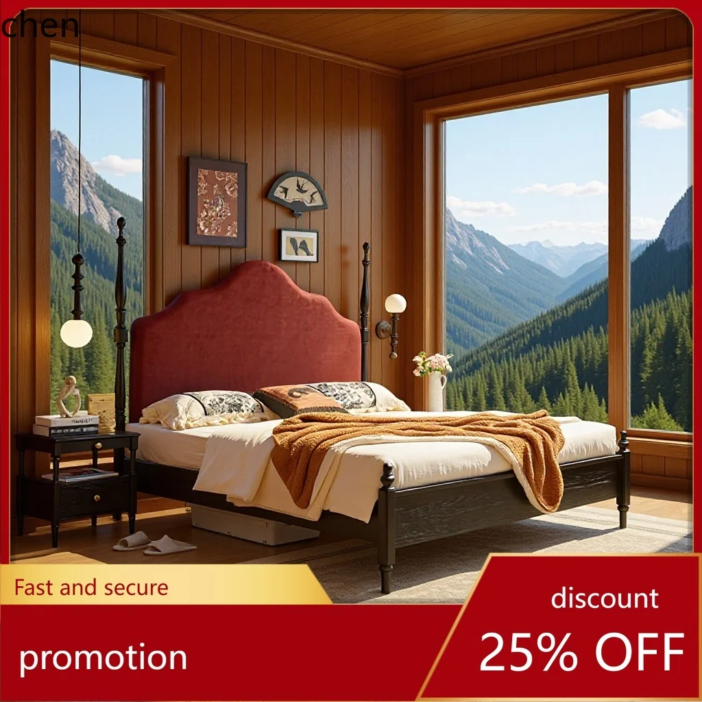 

HT Vintage Style Solid Wood Bed 1.8m Double Simple Roman Column Solid Wood Upholstered High-Back Bed