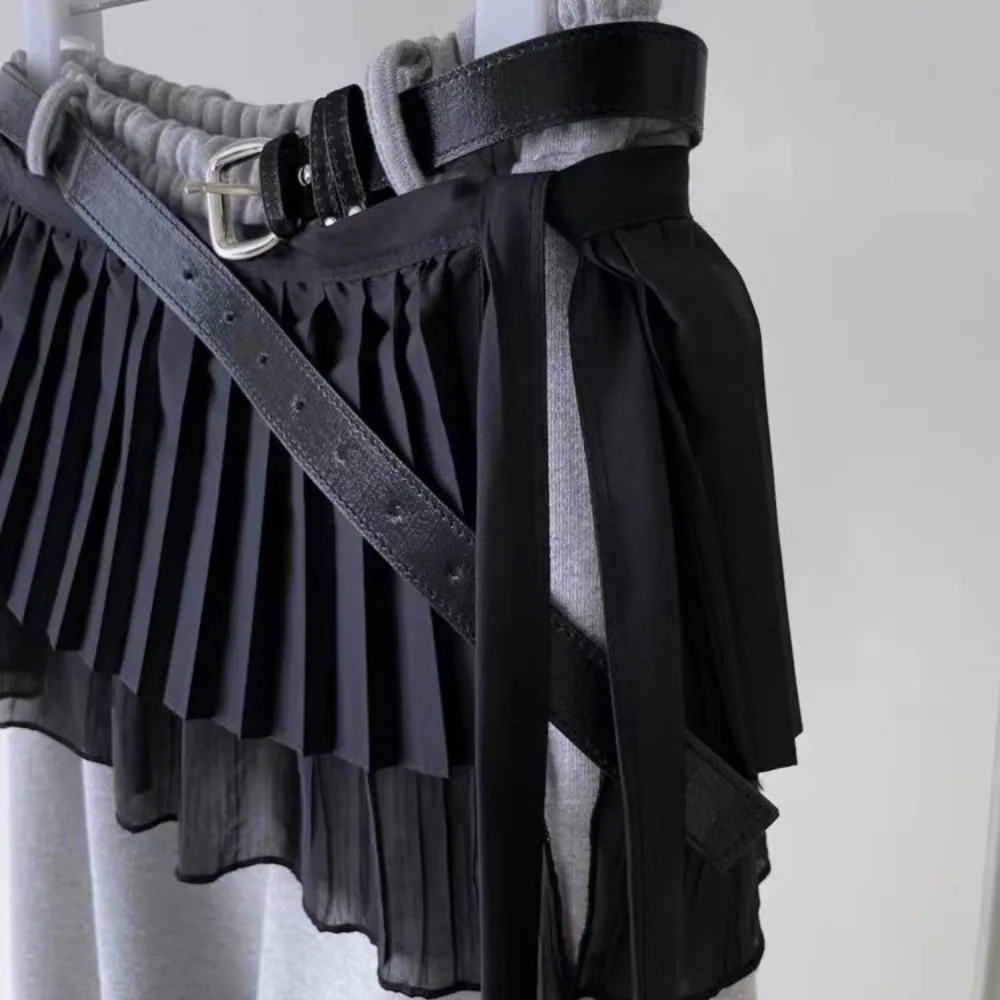 موضة الهيب هوب طبقة وتتسابق مطوي تنورة الحلو شبكة تكدرت حافة حزام Y2K قميص موسع الدانتيل يصل وشاح الورك الجينز ديكور