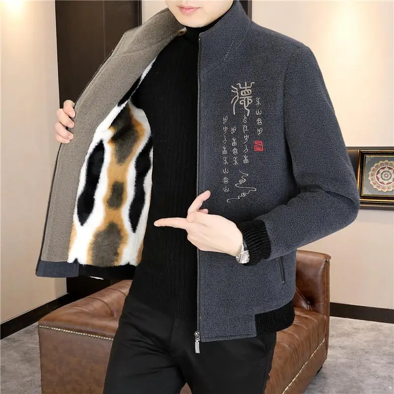 

Зимняя мужская шерстяная куртка с подкладкой, воротником-стойкой, утепленная, повседневная, модная, городская, приталенная, из полиэстера...