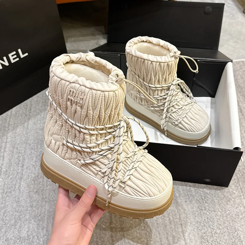 

Fashionable Pleated Thick Soled Snow Boots 2024 Women's Winter New Versatile Cotton Shoes Anti Slip Thick Warm Strap Short Boots